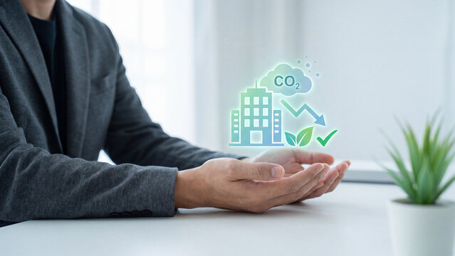 Corporate carbon emission reduction and ESG sustainability concept, businessman holding hologram office building, CO2 cloud, down arrow, leaf and checkmark for net zero climate goal