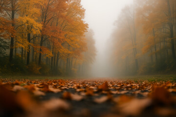 Fototapeta premium Fallen autumn leaves covering a forest road fading into fog