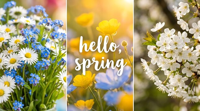 Collage of beautiful spring flowers with white daisies yellow buttercups and cherry blossoms with hello spring text