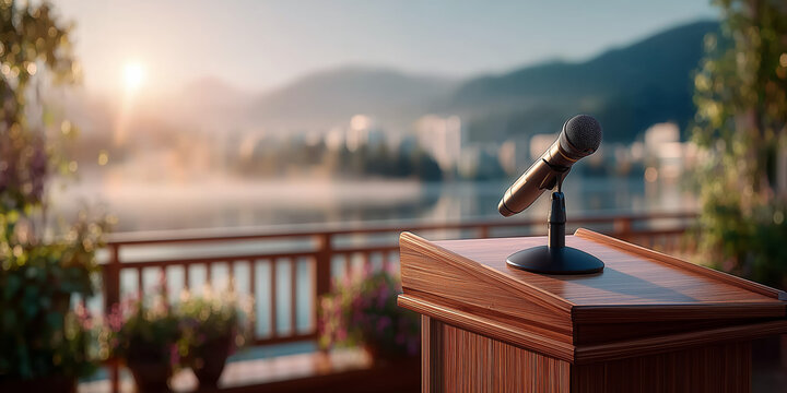 Microphone on wooden lectern overlooking a quiet lakeside terrace