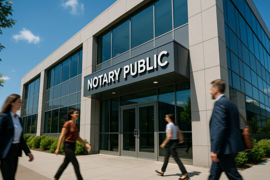 Notary public office entrance with pedestrians on a sunny pavement