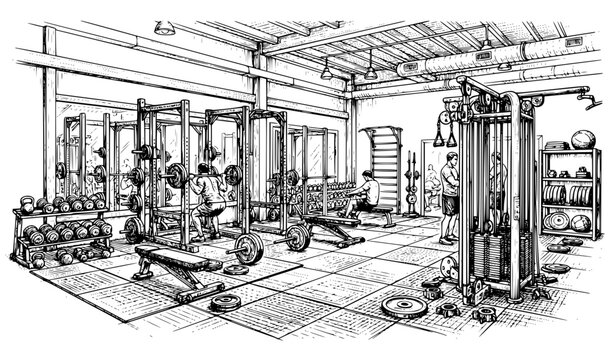 Weight Training Gym Hand Drawn Interior Illustration