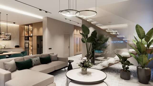 4K pan of a luxury open-concept interior featuring a modern living room, dining area, floating staircase, marble wall, and panoramic glass pool view at dusk.