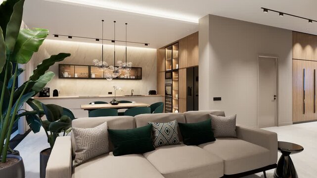 4K pan of a luxury open-concept interior featuring a modern living room, dining area, floating staircase, marble wall, and panoramic glass pool view at dusk.
