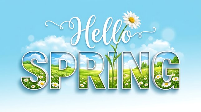Hello spring text graphic with daisy flowers and green meadow landscape inside 3d letters on a blue sky background