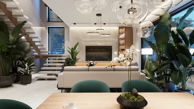 4K pan of a luxury open-concept interior featuring a modern living room, dining area, floating staircase, marble wall, and panoramic glass pool view at dusk.
