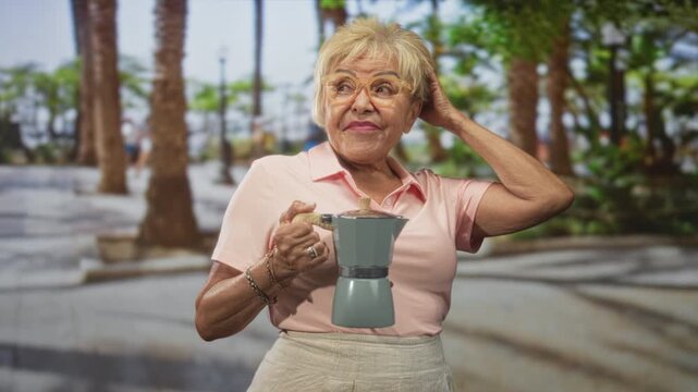 Woman senior holding moka pot with hand to head on street lined with palm trees, wearing glasses; thoughtful nostalgia.