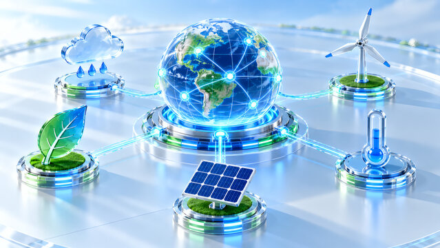 Global renewable energy and climate change concept with earth globe connected to solar panel wind turbine eco friendly weather sensors and sustainable green technology