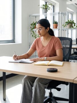 Young Indian Woman Working Diligently at a Modern Office Desk.