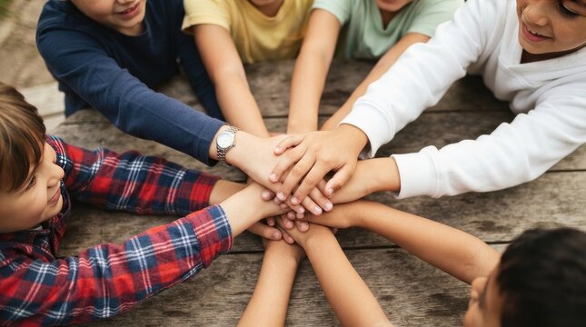 Group of diverse children stacking hands together on wooden table, unity and teamwork concept international students day