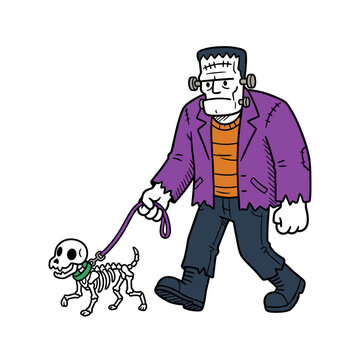 Stitched Frankenstein monster walking a skeleton dog on a leash