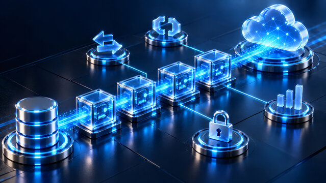 Cloud computing and database pipeline concept with cybersecurity padlock big data transfer server storage digital blockchain and secure network architecture