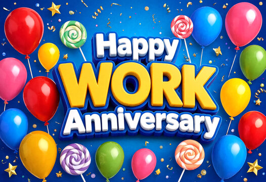 Colorful celebration graphic for work anniversary with balloons and lollipops