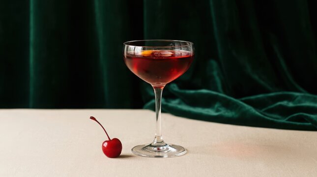 A classic manhattan cocktail in a coupe glass with a red cherry garnish on a table against a dark green velvet curtain background