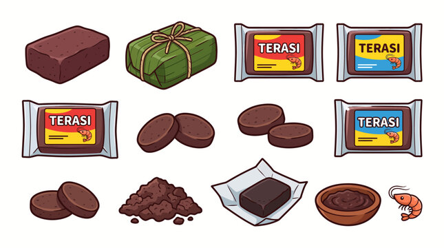 Cartoon vector set of Indonesian shrimp paste terasi in blocks, packages, disks, powder and bowl