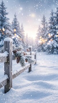 Charming wooden fence in snow with pine branches and cones during snowfall in peaceful winter nature.