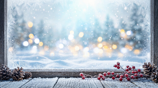 Frosted window frame view looking out at winter nature with red berries, pine cones and warm bokeh christmas lights.