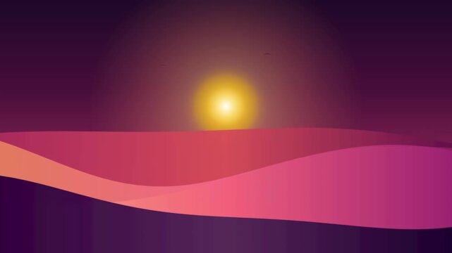 Minimalist 2D vector animation featuring a glowing sun setting over abstract pink and purple wavy dunes, stylized flat design background for creative motion graphics and video projects.