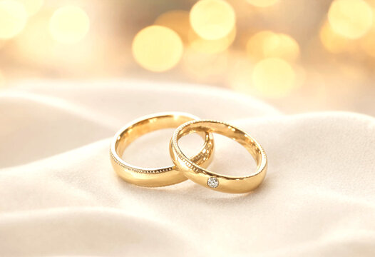 Elegant gold wedding rings with small diamonds on soft fabric background