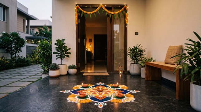 Front entrance of modern home decorated with floral rangoli and lit diyas for diwali entrance festival decoration tradition celebration architectural threshold