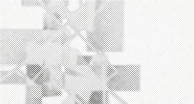 Abstract composition of overlapping rectangular shapes with a black and white halftone dot pattern texture on a white background