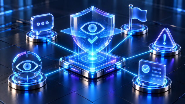 Cybersecurity and data privacy concept with digital shield icon connected to biometric scanner warning alert identity verification and safe communication icons   