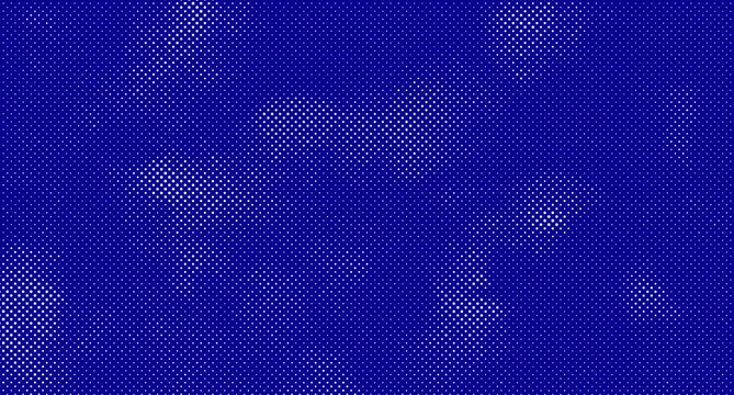 Deep blue background, featuring a halftone, dot pattern with, varying density and, soft cloud-like clusters, of white circular shapes