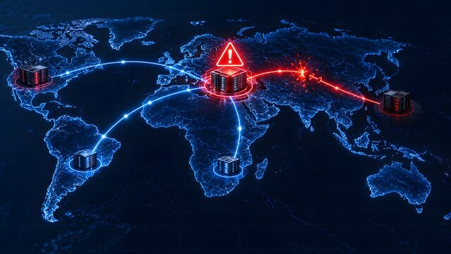 Global network of servers and data centers connected by glowing lines with a central server showing a red warning alert symbol representing cyber security threats or network