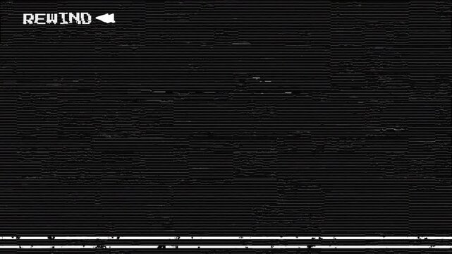 glitch artifacts VHS rewind screen with analog noise. old playback interface for media. Retro VHS playback rewind display with noise effect. 4K video landscape format