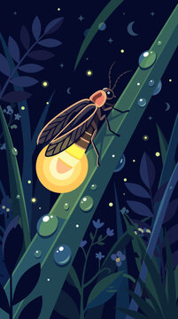 Firefly Glowing on Dew-Covered Grass Blade at Night Vector Illustration