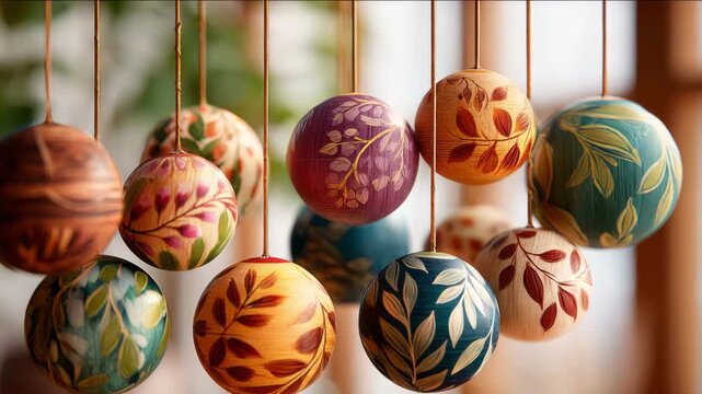 Hand-painted wooden ornaments with leaf designs hanging in warm natural light Painted Wooden Ornaments concept of crafts