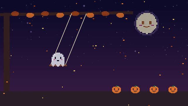 Little ghost swinging on a tree swing as orange autumn leaves fall, pumpkins below and a smiling moon