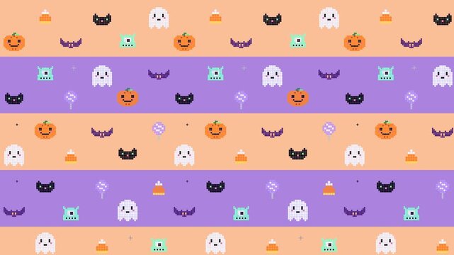 Pastel peach and lilac striped kawaii Halloween pattern with ghosts, monsters, cats and candy scrolling sideways