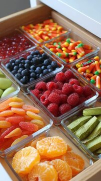 How to organize candy for trick-or-treaters Assorted fruits and candies arranged in clear glass containers inside a wooden kitchen drawer concept of snack storage