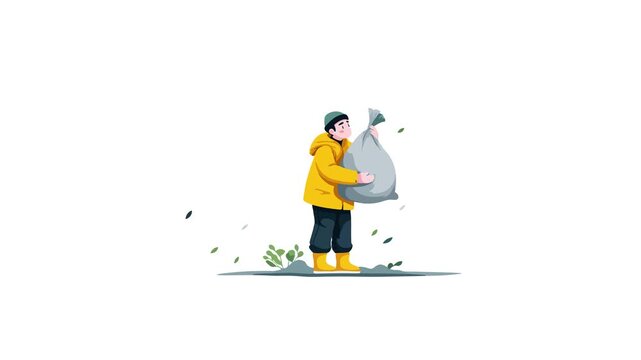 Young boy carrying heavy sack for Harvest, Agricultural and Environment cleanup motion graphic video