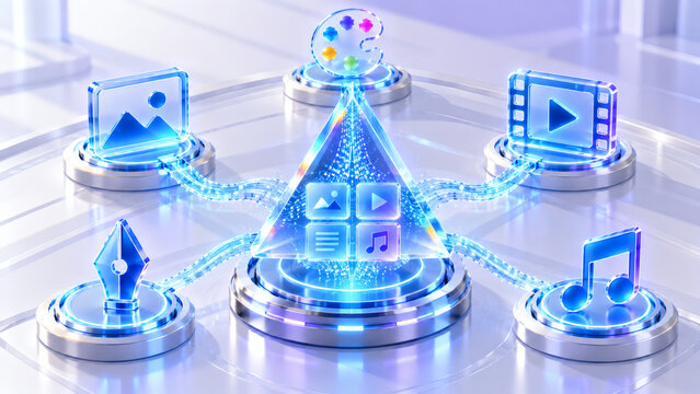 creative multimedia production and digital content creation concept with illuminated crystal hub connecting video audio photo and graphic design tools in 3d render   
