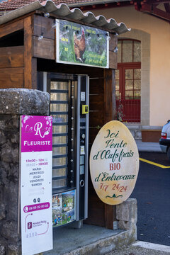 Entrevaux, France - December 26, 2025: A fleuriste sign and a wooden egg vending machine stand beside a road.