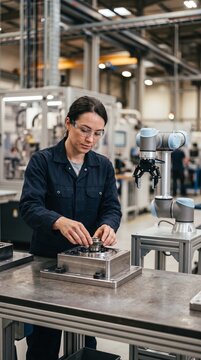 Woman in safety glasses and uniform assembling machinery part next to collaborative robot arm in modern factory