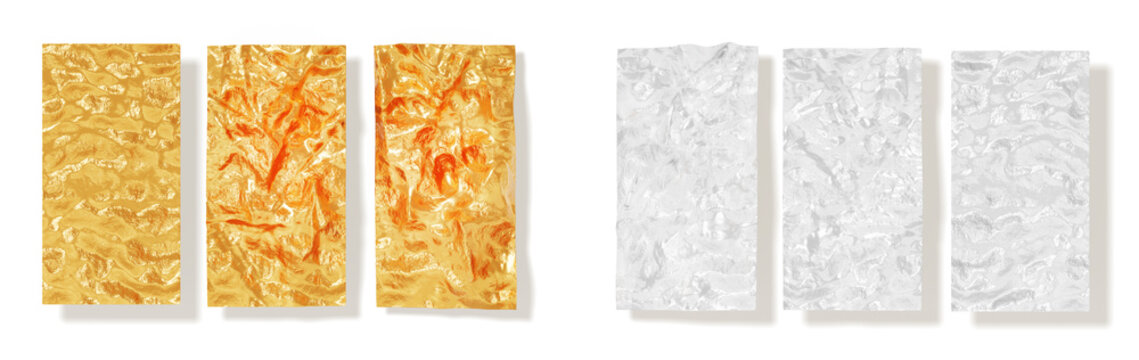 Gold and silver crinkle foil set. Shiny metallic vertical rectangular banners isolated on white. 3D render of crumpled wrapping paper sheets, luxury design elements with metal texture. 3D illustration