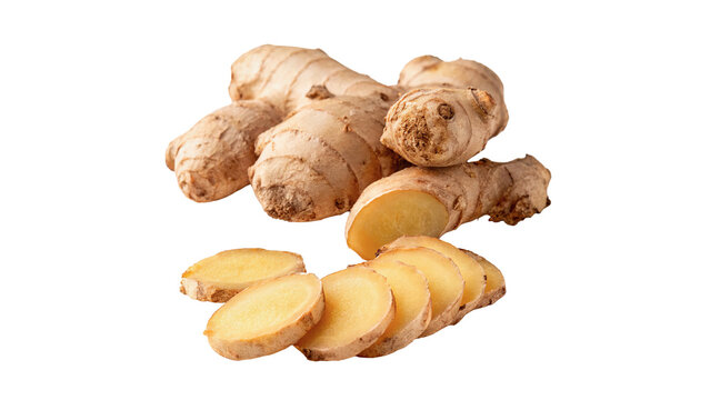 Fresh raw ginger root and sliced ginger isolated on transparent background