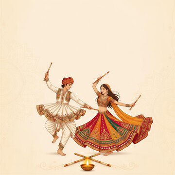 Colorful Traditional Garba Dance Couple Illustration