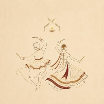 Traditional Garba Dancers Line Art Illustration