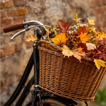 Bicycle Basket Overflowing with Maple Leaves Close