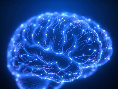 Vibrant blue digital brain with glowing neural network connections.