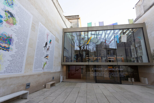 Arles, France - December 28, 2025: The glass entrance of the Fondation Vincent van Gogh Arles