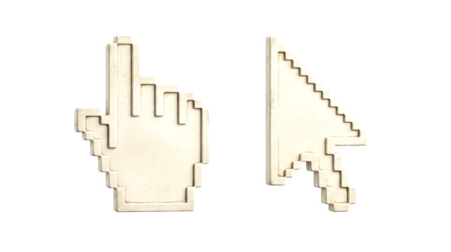 Pixelated computer cursors hand and arrow isolated on white background
