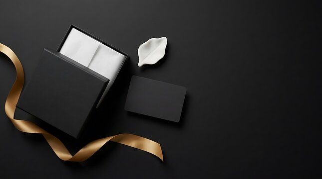 Elegant black gift box with a gold ribbon and blank card on a dark background.