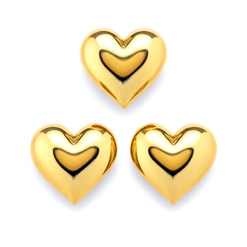 Three shiny golden heartshaped studs with polished finish and hollow center design