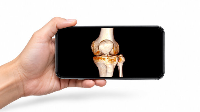 Hands holding device reviewing a 3D CT knee with knee joint anatomy on an unbranded smartphone, isolated on a pure white background for medical imaging and orthopedic technology concepts.