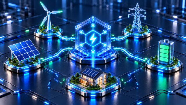 Futuristic smart grid concept with renewable energy sources including solar panels wind turbine battery storage and eco friendly modern house connected to central power hub